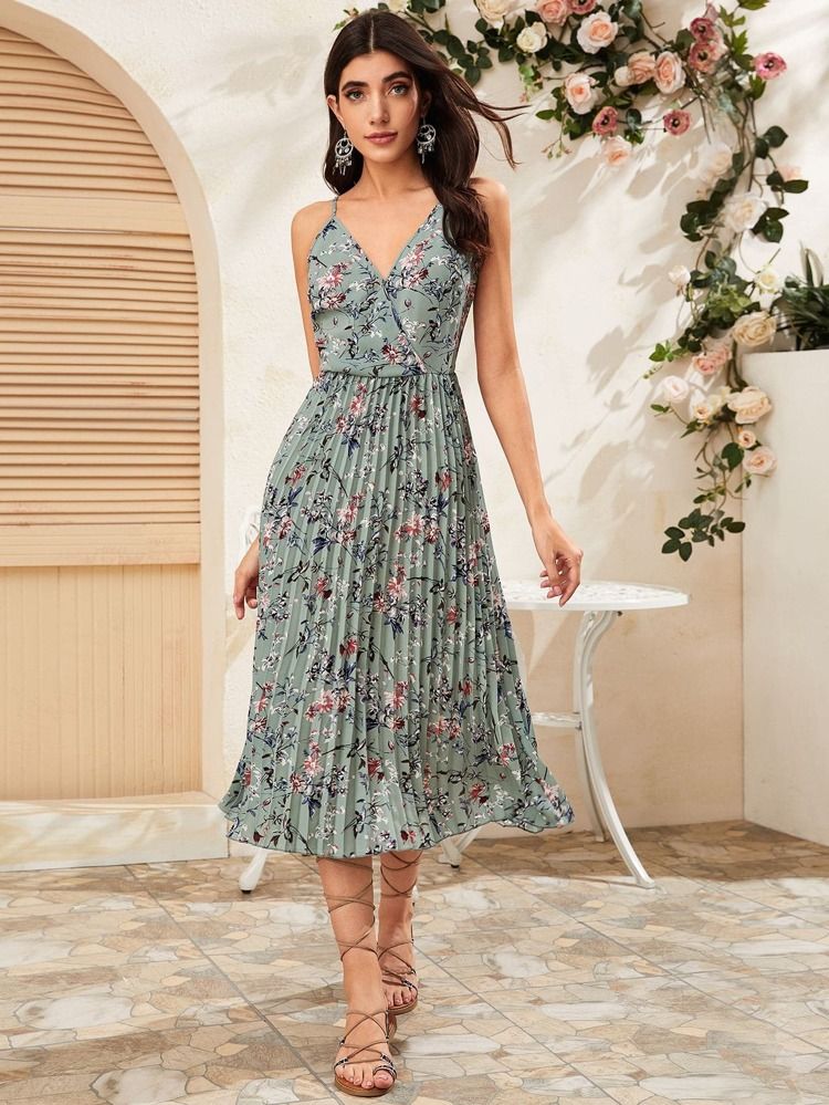 SHEIN Floral Print Pleated Slip Dress | SHEIN