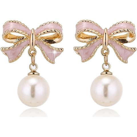Gold Pearl Bow Earrings For Women Trendy Pink Coquette Drop Stud Ribbon Silver Earrings Dangle Je... | Amazon (US)