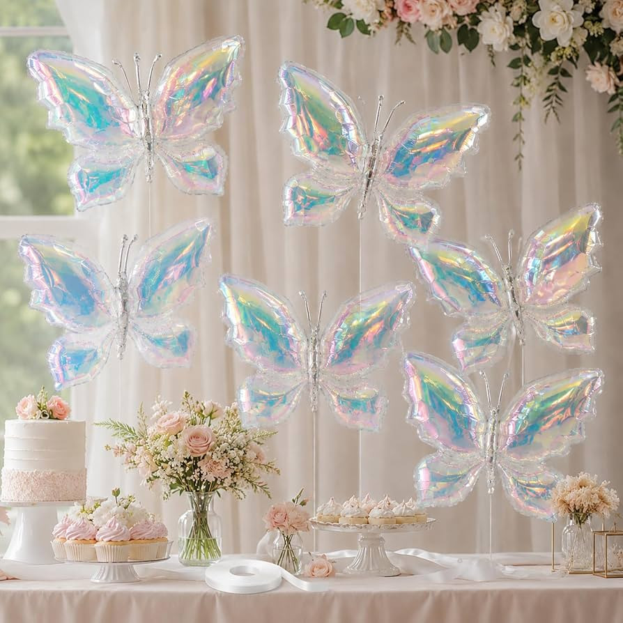 Iridescent Butterfly Balloons, 6 Pcs Clear Holographic Foil Balloons for Birthday Baby Shower Mer... | Amazon (US)
