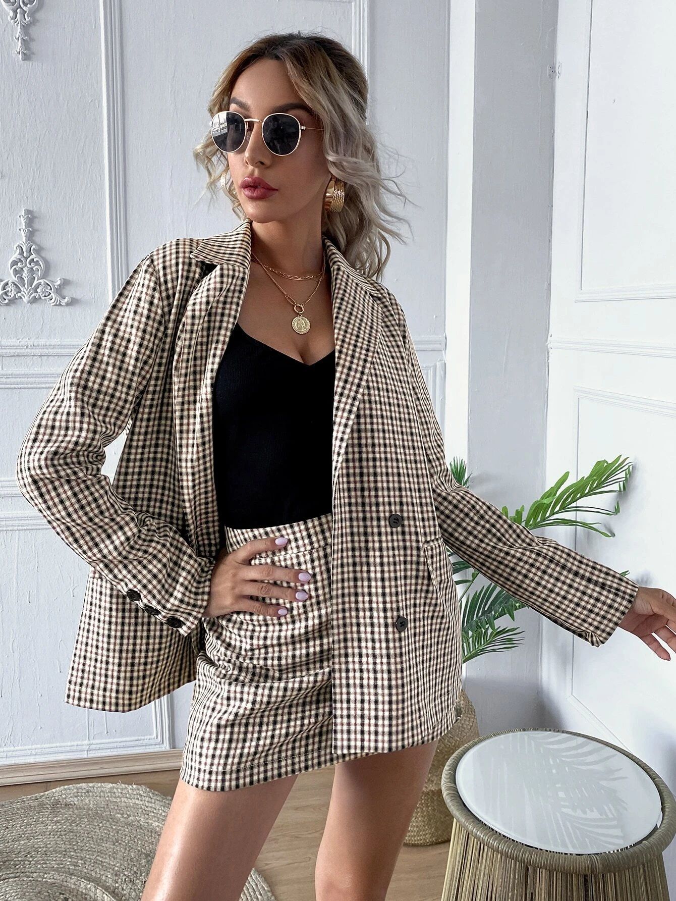 Plaid Double Button Blazer With Skirt | SHEIN