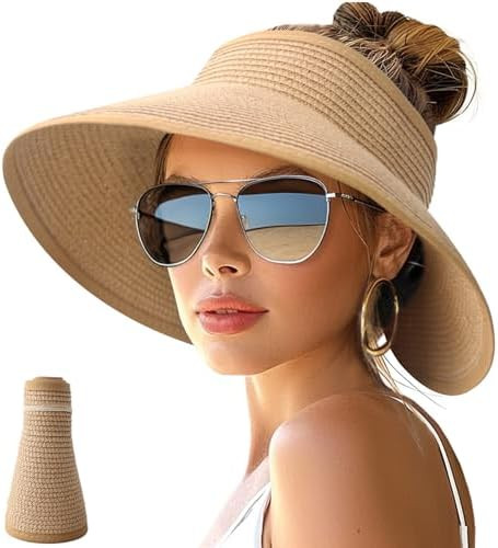 NPJY Sun Hats for Women Wide Brim Roll-Up Beach Ponytail Hat Packable Foldable Travel Straw Visor | Amazon (US)