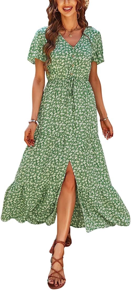 TEMOFON Women's Boho Maxi Dress Summer Floral Split V Neck Short Sleeve Casual Print Dresses | Amazon (US)