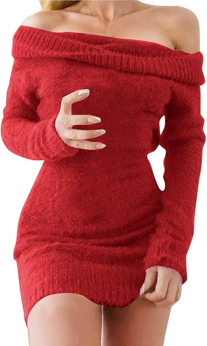 Sweater Dresses for Women Women Off Shoulder Bodycon Mini Dress Long Sleeve Knit Winter Holiday P... | Amazon (US)