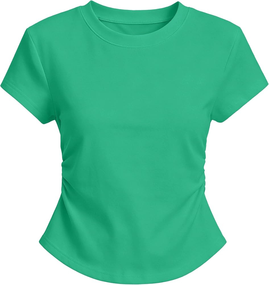 Womens Side Ruching Cropped T Shirts Short Sleeve Crewneck Fitted Top Set Gym Workouts Yoga Casua... | Amazon (US)