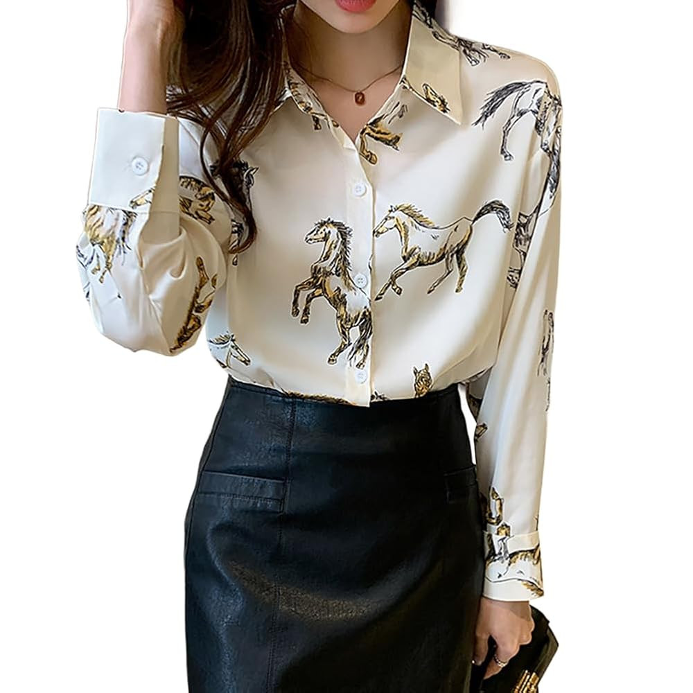 Womens Button Down V Neck Shirts Long Sleeve Casual Dressy Horse Printed Blouses Tops | Amazon (US)
