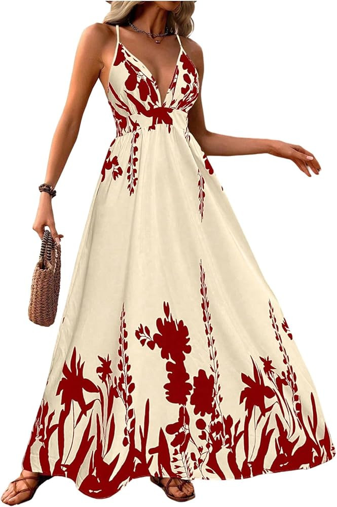 MakeMeChic Women's Summer Blue and White Floral Dress Boho Backless Maxi Sundress Spaghetti Strap... | Amazon (US)