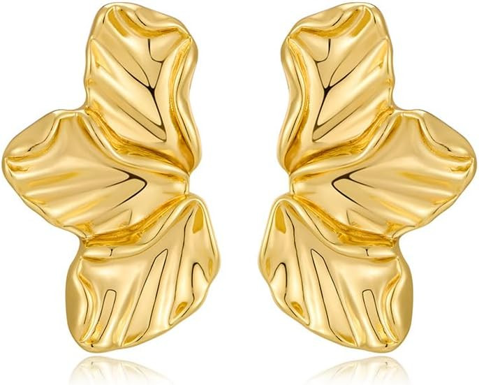 Chunky Gold Statement Earrings For Women Gold Plated Sectored Flower Leaf Shell Angel Wing Earrin... | Amazon (US)