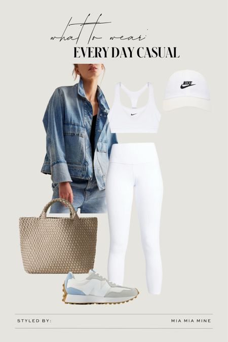 Nordstrom casual outfit / athleisure outfit
Free people denimjacket
Nike sports bra
Alo white leggings 
Naghedi woven tote
New balance 327 sneakers 

#LTKfitness #LTKfindsunder100 #LTKstyletip