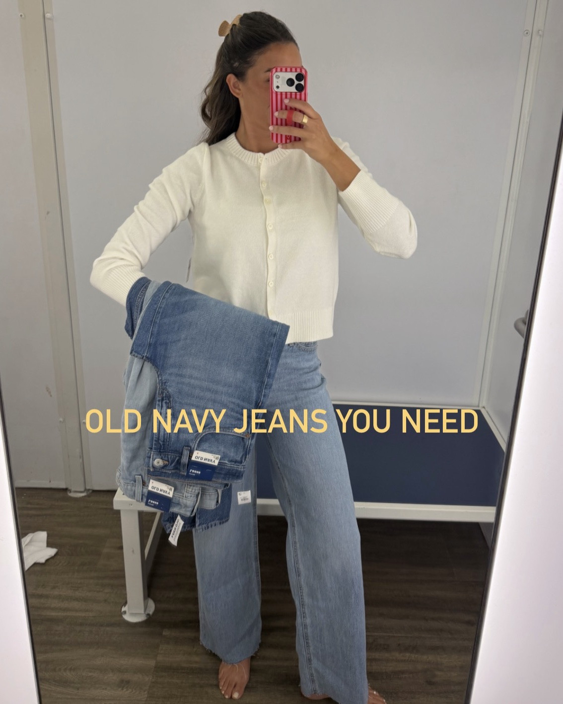 Wearing a 4L (if option) in old navy jeans and usually do a 26long in Abercrombie!
