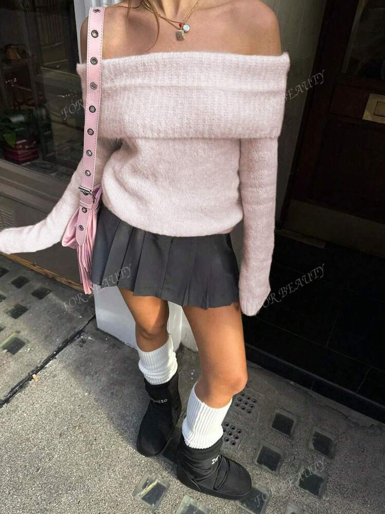 Women's Casual Loose Solid Color Open Shoulder Knit Sweater,Long Sleeve Tops | SHEIN