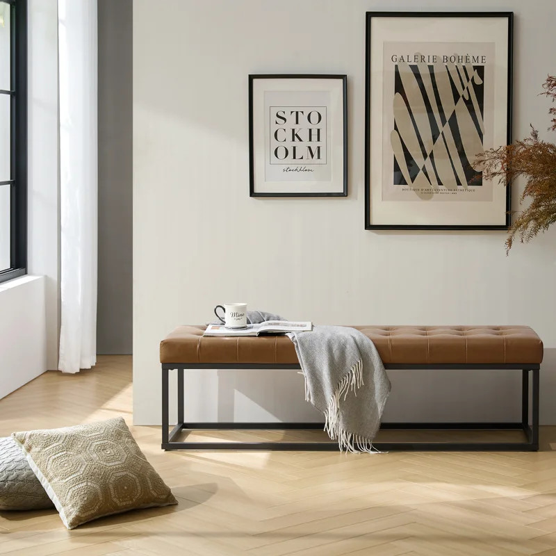 Jemaine 60.5'' WMid-Century Modern Vegan Leather Bench with Metal Legs | Wayfair North America