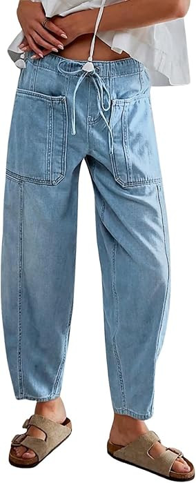 Women Casual Loose Cropped Pants Denim Bloomers Elastic Waist with Pockets | Amazon (US)