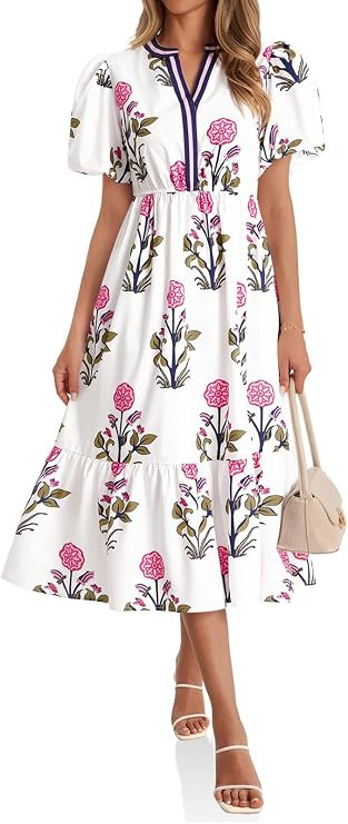 Cicy Bell Womens Summer Floral Print Maxi Dress A Line Puff Short Sleeve V Neck Boho Dresses Flow... | Amazon (US)