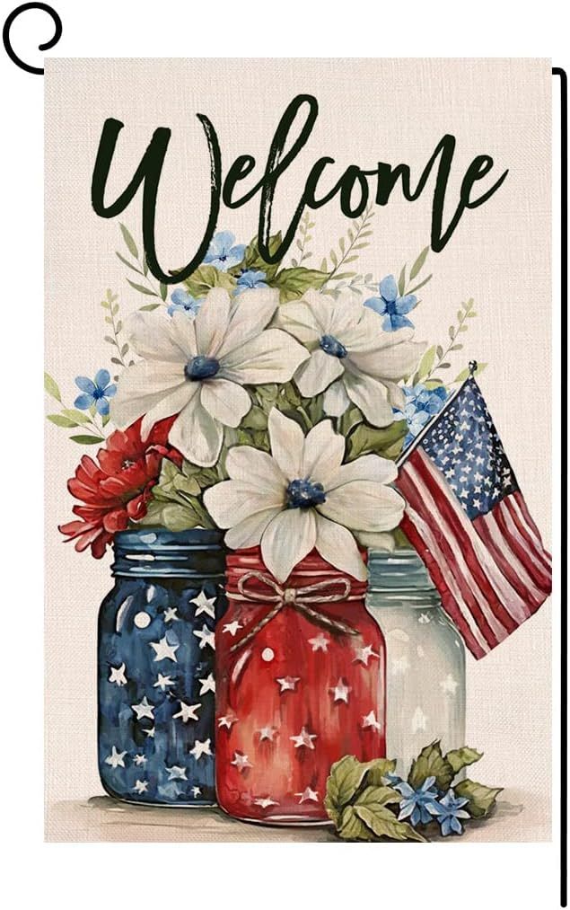 4th of July Floral Garden Flag 12x18 Vertical Double Sided Patriotic Mason Jar Flowers Red Blue M... | Amazon (US)