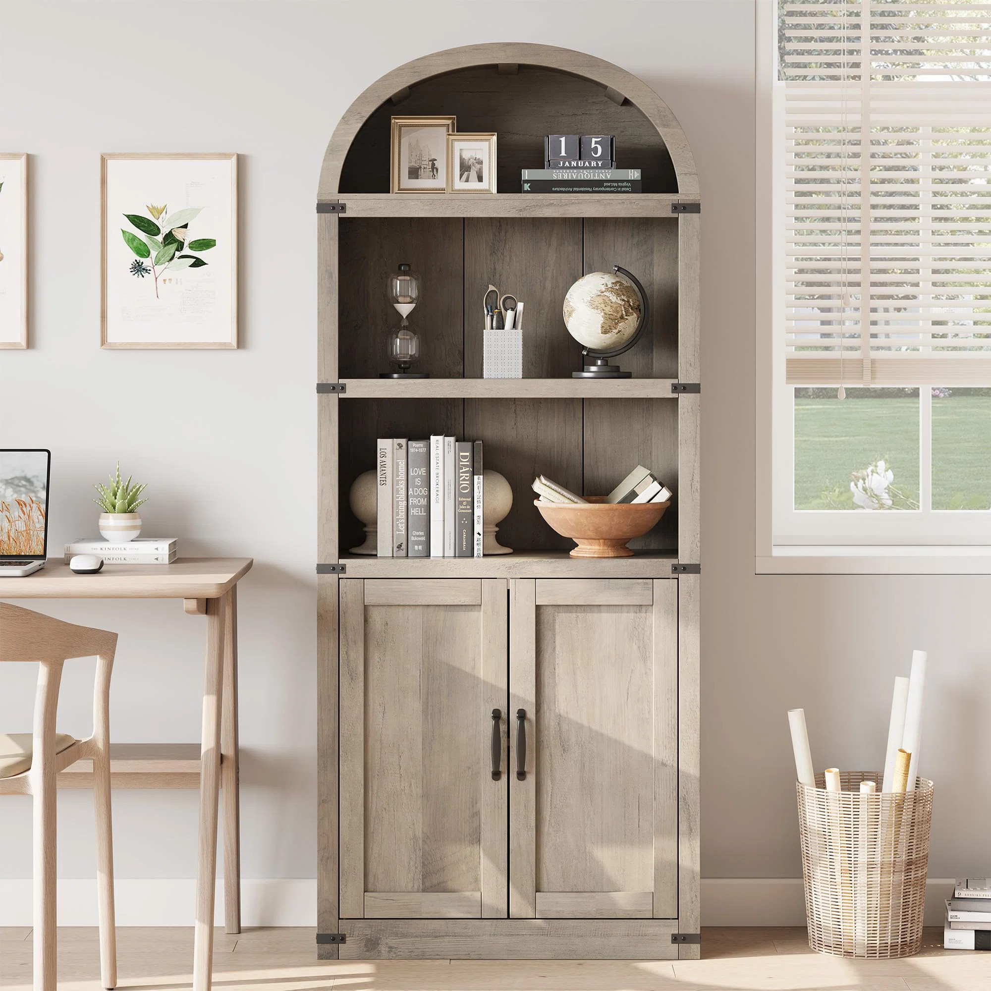 71.65" Arched Farmhouse Bookcase with Cabinet, Wooden 3-Shelf Storage Bookcase for Living Room & Home Office | Wayfair North America