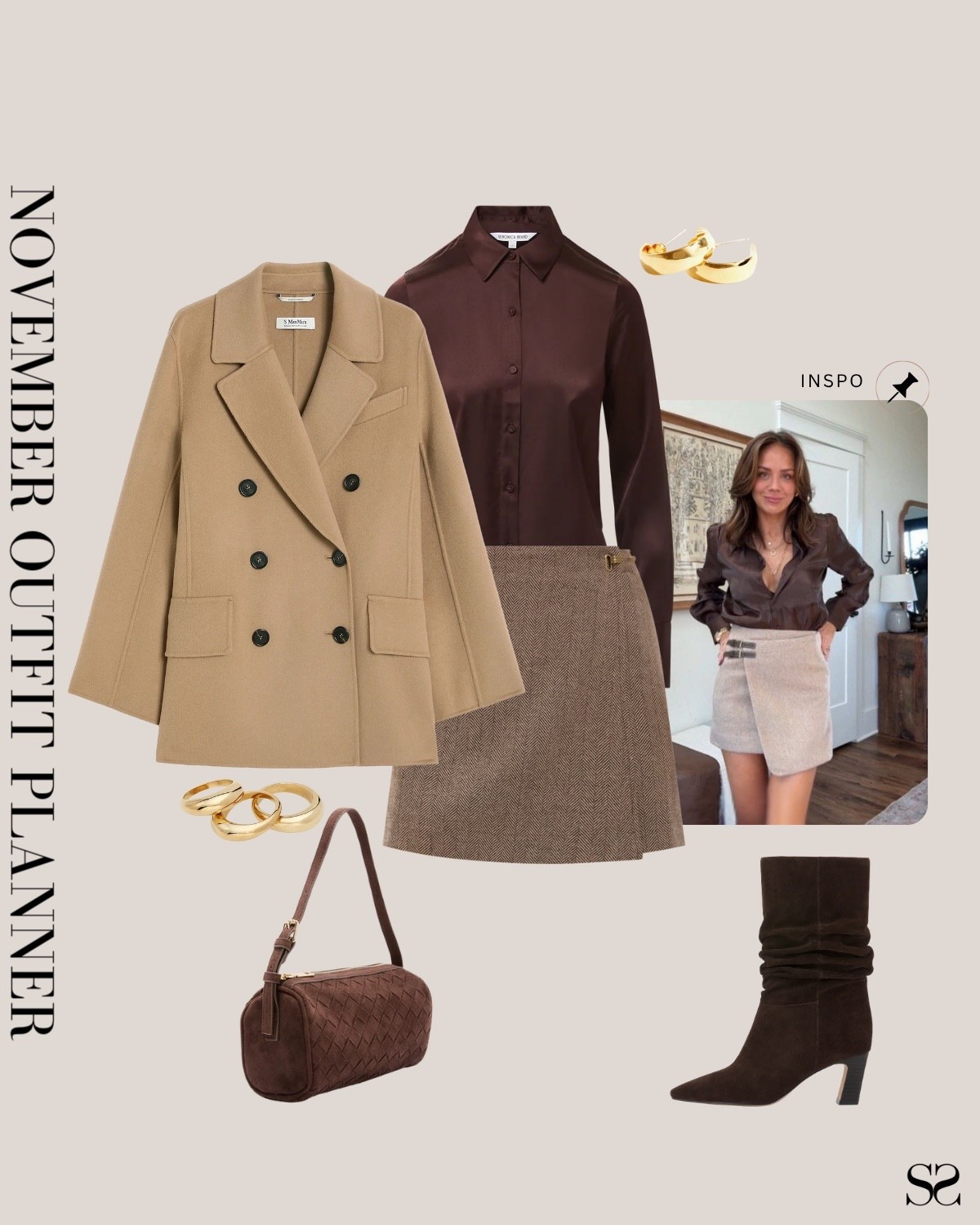 Monthly outfit planner NOVEMBER: Fall outfits | camel coat, brown button up shirt, mini skirt, scrunch boot

Image inspo credit: @krismarieerrington

#falloutfit #classicstyle #datenight #thanksgivingoutfit 

#LTKSeasonal #LTKStyleTip