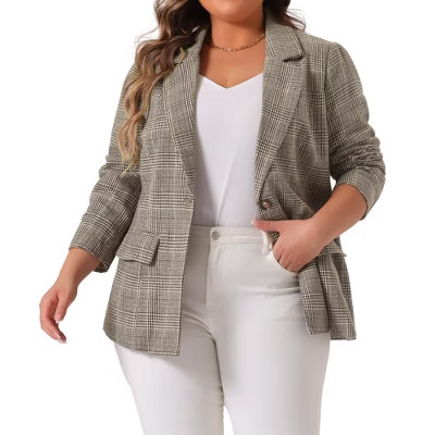 Women's Plus Size Plaid Lapel Notch Long Sleeve Button Down Business Casual Blazers with Pockets - Agnes Orinda 4X Brown | Target