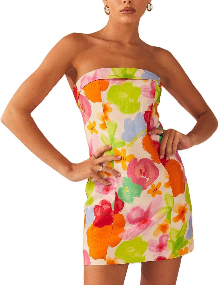 ROAONOCOMO Women Y2K Off Shoulder Mini Tube Dress Open Back Strapless Bodycon Dresses Sexy Short ... | Amazon (US)