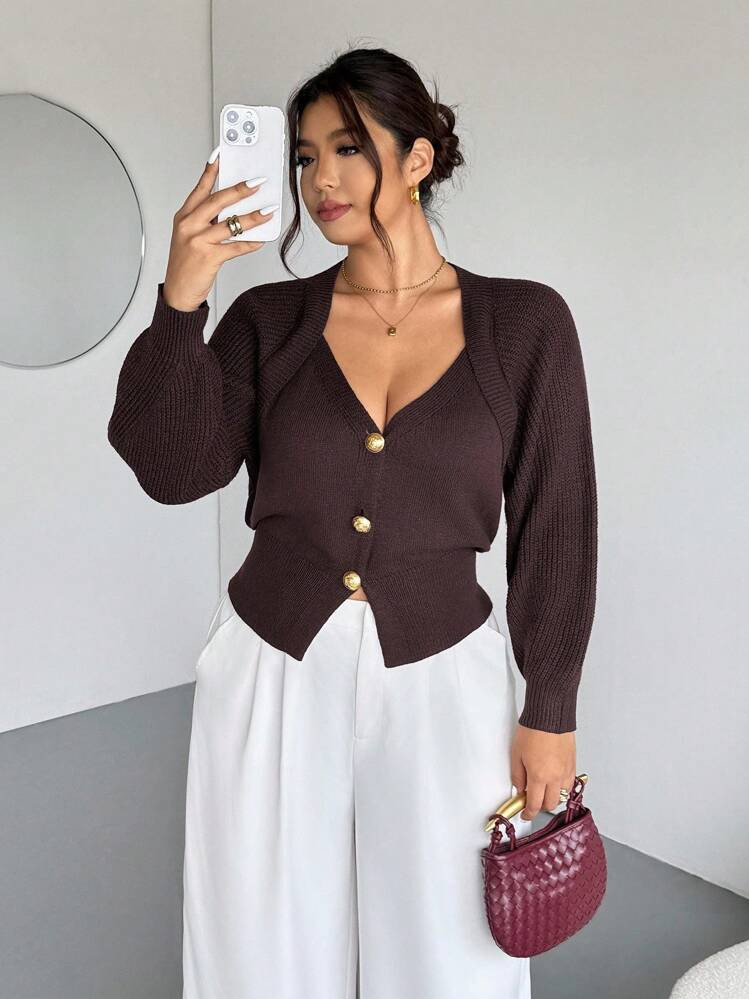 Firerie Plus Size Solid Color Front Button Long Sleeve Casual Knit Cardigan In Fall/Winter | SHEIN