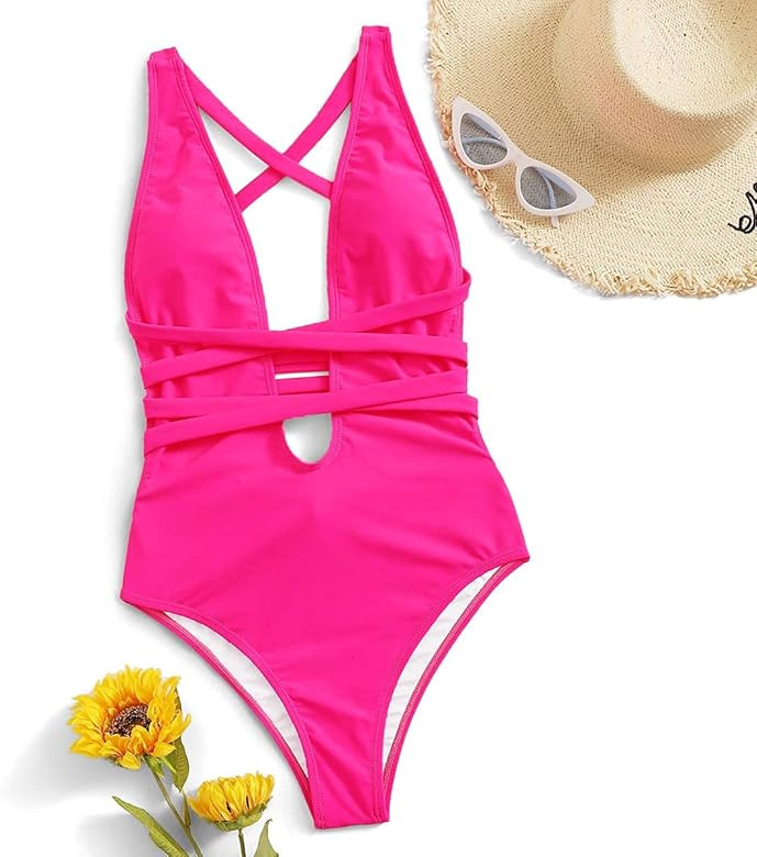 SweatyRocks Women's Sexy Basic Criss Cross Tie Knot Front Deep V Open Back One Piece Swimwear | Amazon (US)