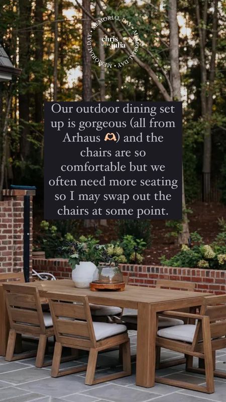 The quality and comfort of our outdoor dining set cannot be matched - all from Arhaus and on sale for Memorial Day! Ours are the natural finish with Eden Snow cushions 🫶🏻

#LTKSaleAlert #LTKSeasonal #LTKHome