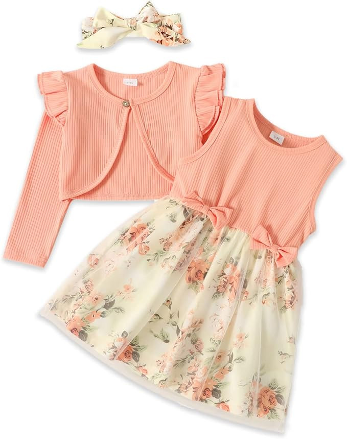 PATPAT Toddler Baby Girls Dress and Cardigan Mesh Sleeveless Playwear Dress and Ruffle Shrug with... | Amazon (US)