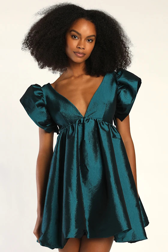 Dramatic Dreams Dark Teal Taffeta Ruffled Babydoll Dress | Lulus