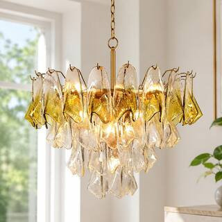 Modern Elegant 17-Light Satin Gold Tiered Round Chandelier for Living Room with Sage Green Clear Textured Glass Shades | The Home Depot