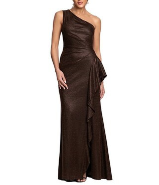 Petite Size One Shoulder Glitter Knit Cascading Ruffle Long Dress | Dillard's