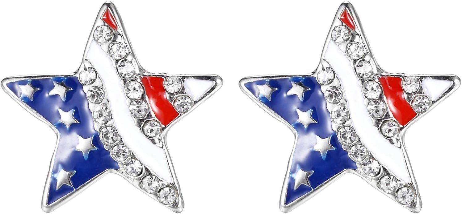 Lux Accessories Red White Blue American Flag Star Crystal Rhinestone Earrings | Amazon (US)