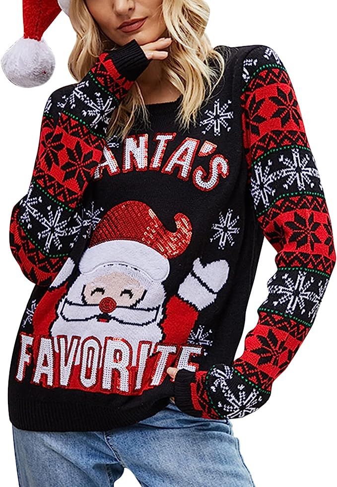 IFFEI Womens Ugly Christmas Sweater Novelty Print Crew Neck Sweater | Amazon (US)
