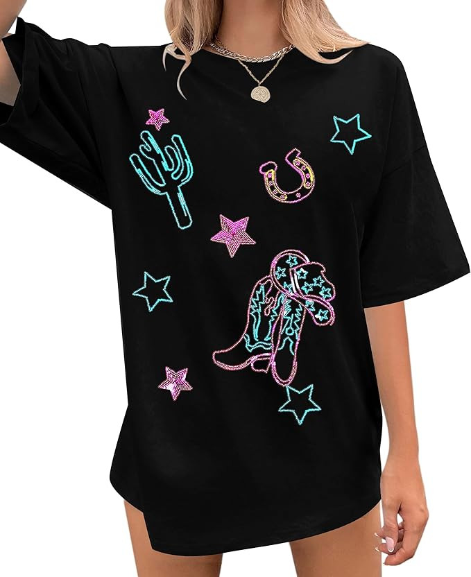 Boho Western Cowgirl Shirts for Women: Sequin Western Rodeo Graphic Tee Oversized Country Music S... | Amazon (US)