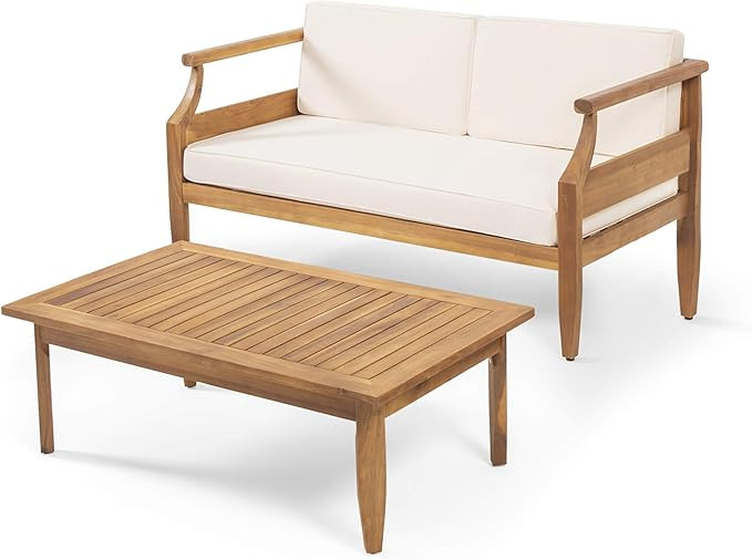 Christopher Knight Home 312163 Gallia Outdoor Loveseat Set, Teak Finish, Cream | Amazon (US)