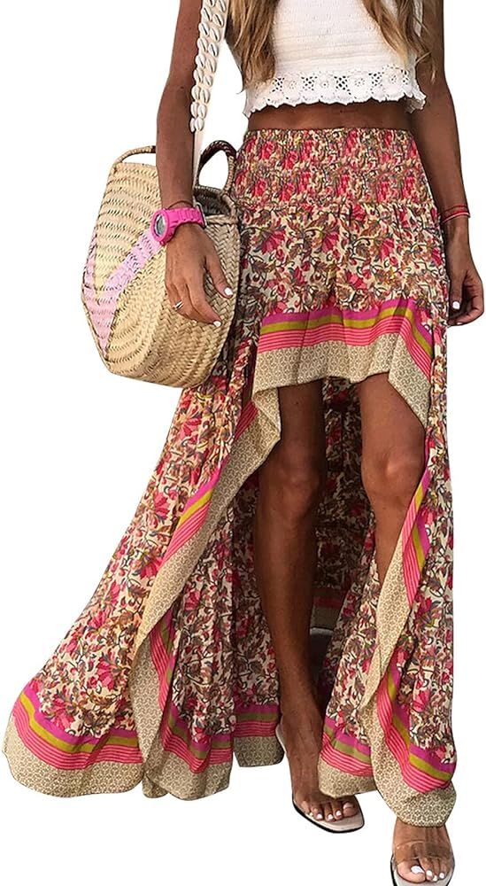 Women's Bohemian Floral Long Skirt Chic High Low Side Ruffle Hem Elastic Waist Swing Maxi Beach Skir | Amazon (US)