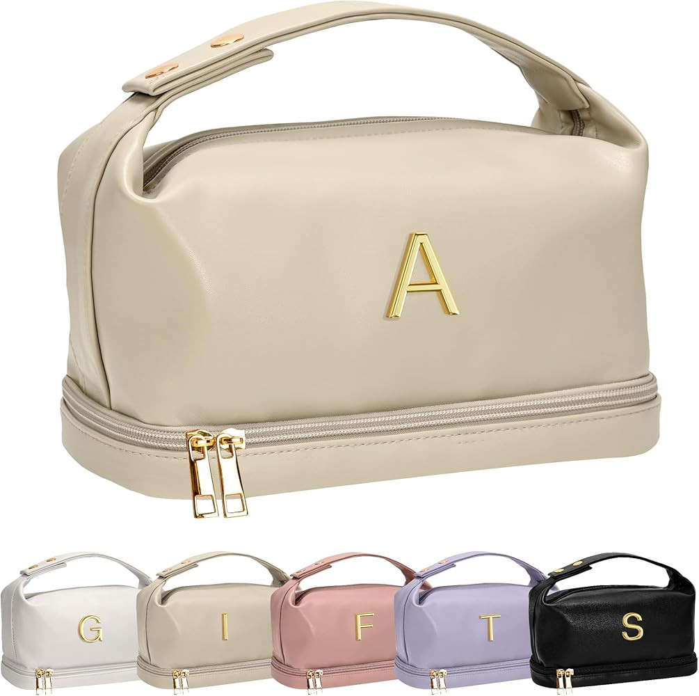 Gifts for Women, Personalized Makeup Bag with Handle, Initial Double Layer Cosmetic Bag with Make... | Amazon (US)
