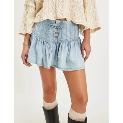 WE THE FREE Roselle Denim Tiered Ruffle Mini Skirt Light Wash Drawstring Waist S | eBay | eBay US