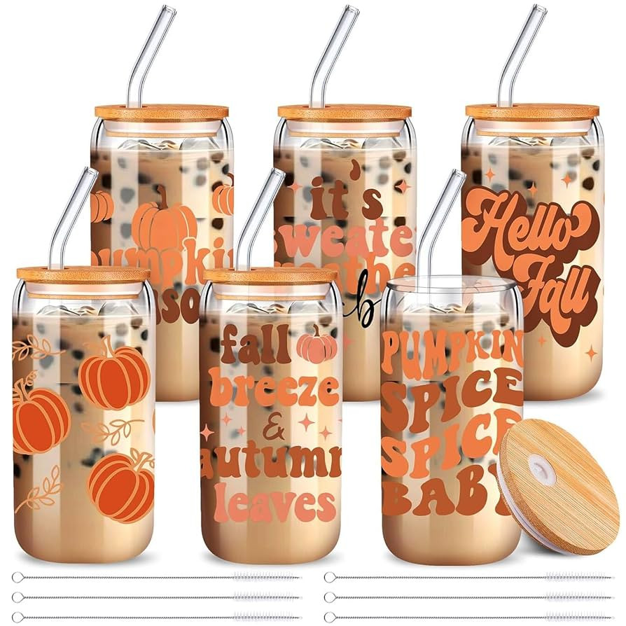 6 Pcs Thanksgiving Fall Drinking Cups 16 oz Pumpkin Glass with Bamboo Lid and Glass Straw Autumn ... | Amazon (US)