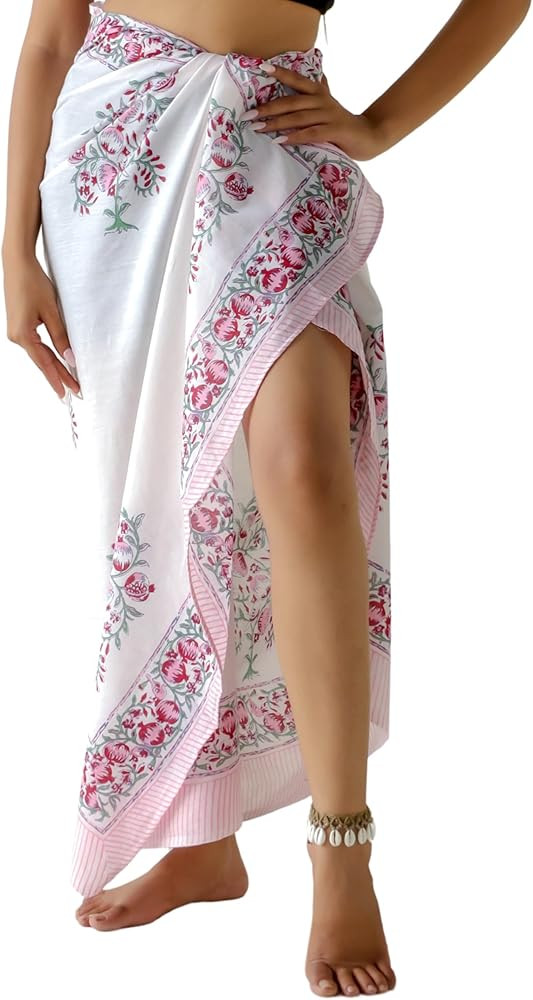 100% Cotton Sarong Coverup for Women Indian Hand Block Print Swimsuit Pareo Wrap Skirt Beach Biki... | Amazon (US)