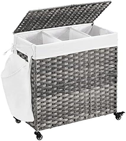 SONGMICS Laundry Hamper, Handwoven Laundry Basket, 140L Rattan Style with 3 Compartments, Removable  | Amazon (US)