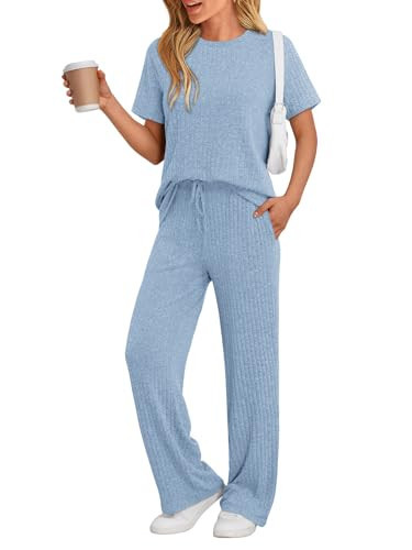 LILLUSORY 2 Piece Lounge Sets for Women Sweater Sets Airport Travel Outfits 2025 Sweat Suits Matching Wide Leg Pants LightBlue L | Amazon (US)