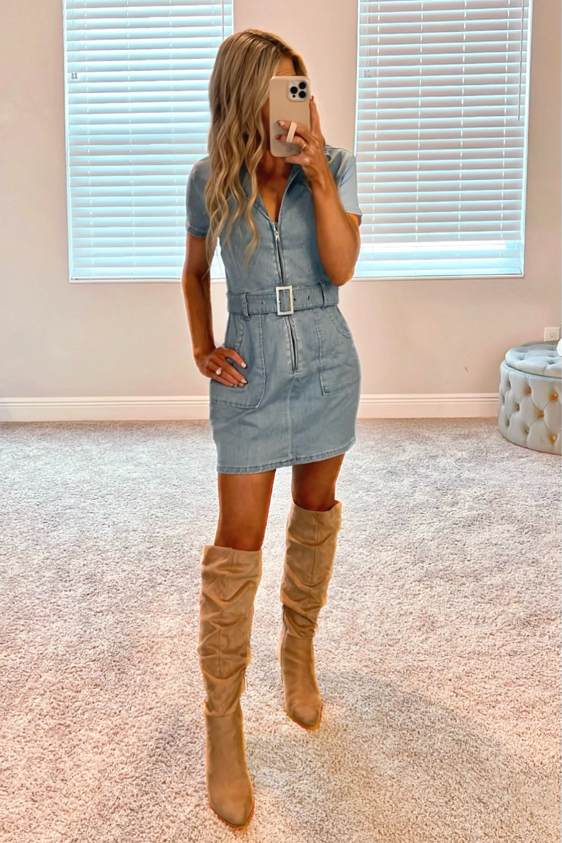 Amazon Fall Outfit 🍂 This designer-inspired denim mini dress from Amazon is so similar to the designer! It would be perfect for a country concert too!

I'm wearing the Amazon (Wenrine) version in size small in the light blue wash. I love this denim mini dress so much that I own it the dark wash too.

This Amazon denim dress looks just like the Outlaw mini dress by Show Me Your Mumu which comes in a variety of colors for fall-denim washes, black, brown, corduroy, etc. It also comes in a romper!

I paired this light wash denim dress with khaki colored knee high boots from Amazon. They have  ruched detail. 

Add a khaki fall hat to match and brown shoulder bag to complete the look. This fall outfit from Amazon would also be cute for fall activities like pumpkin picking or visiting a vineyard! 

#LTKStyleTip #LTKFindsUnder50 #LTKSeasonal