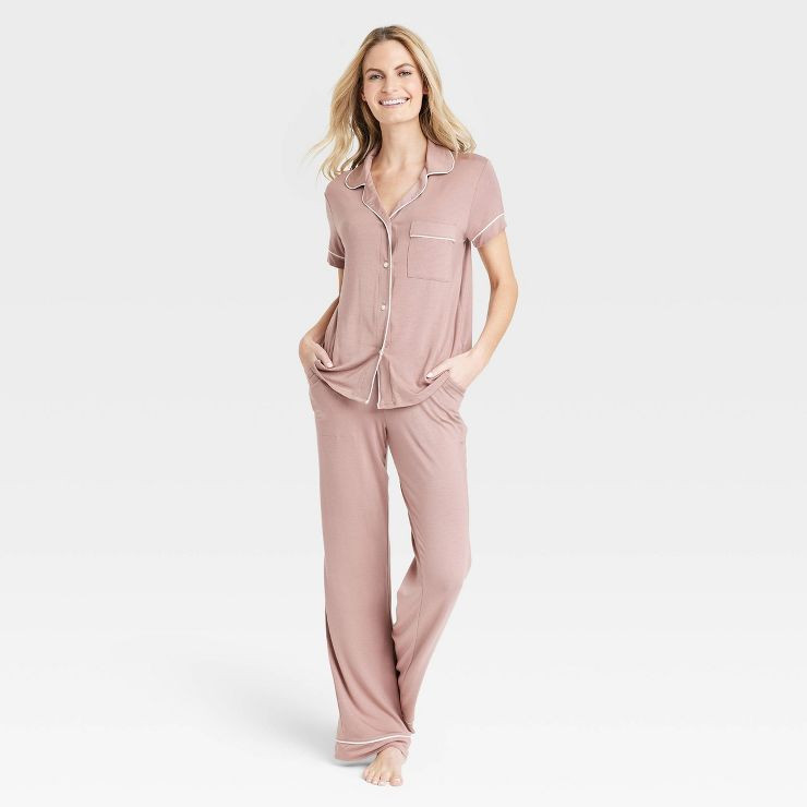 Women's Beautifully Soft Short Sleeve Notch Collar Top and Pants Pajama Set - Stars Above™ | Target
