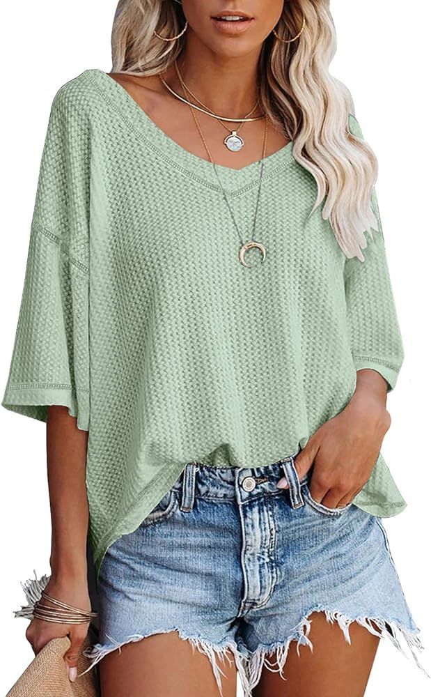 MEROKEETY Women's Waffle Knit V Neck Batwing Blouse Tee Shirts Off The Shoulder Tunic Tops Mint a... | Amazon (US)