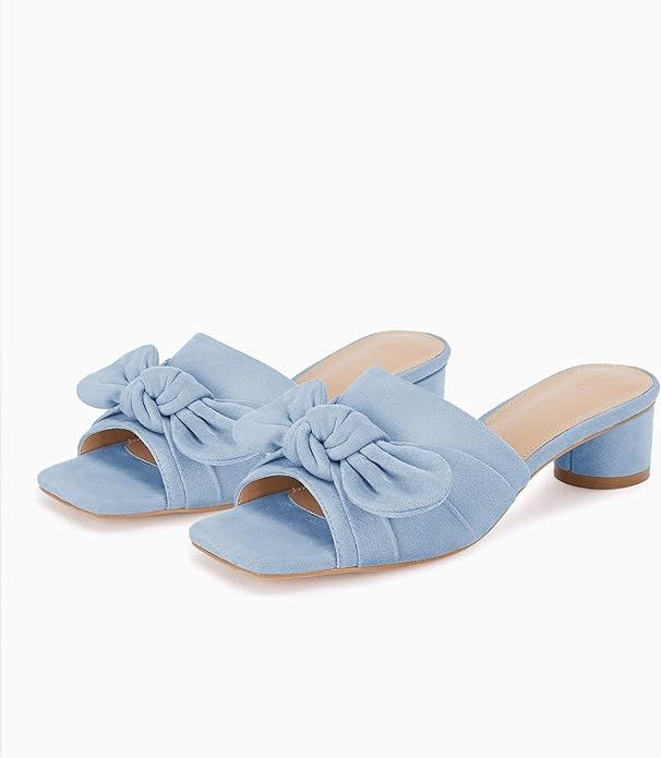 Coutgo Womens Bow Slides Sandals Slip On Chunky Low Heel Square Open Toe Elagant Summer Shoes | Amazon (US)