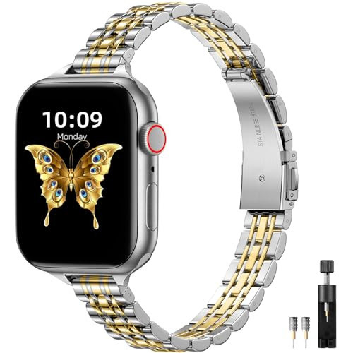 Lerobo Slim Stainless Steel Band Compatible with Apple Watch for Women,Metal Chain Compatible with Apple watch Bands 40mm 38mm 41mm/iwatch Band Ultra Series 10(42mm) 9 8 7 6 5 4 3 2 1 SE,Silver/Gold | Amazon (US)