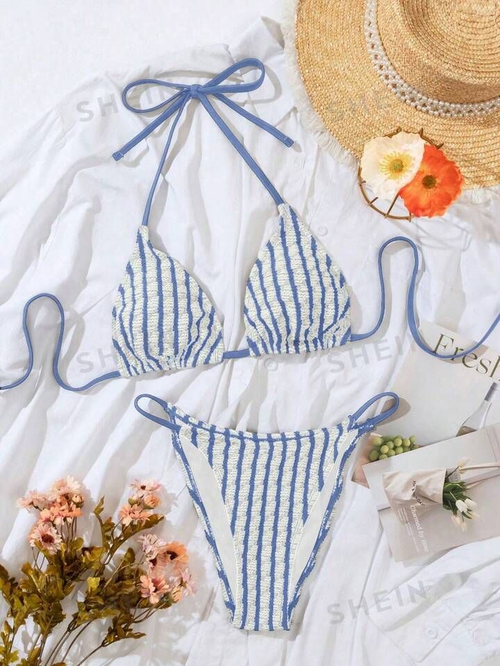 Striped Halter Neck Bikini Swimsuit Set | SHEIN