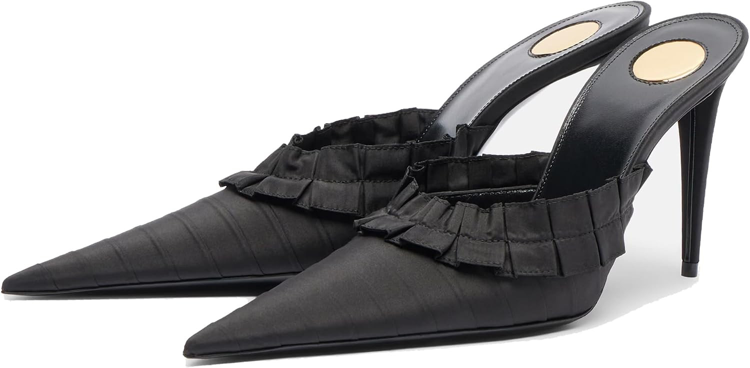 Women's Olive Green Satin Pointed Toe Mule, Stiletto High Heel with Ruffle Detail, Elegant Slip-On Backless Dress Shoes | Amazon (US)