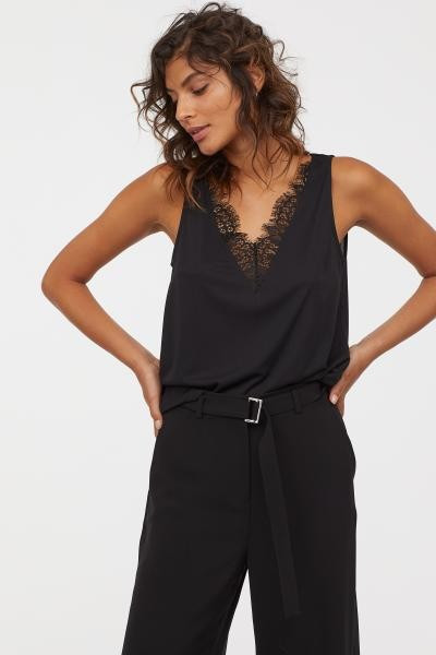 V-neck Top with Lace - Black - Ladies | H&M US | H&M (US + CA)