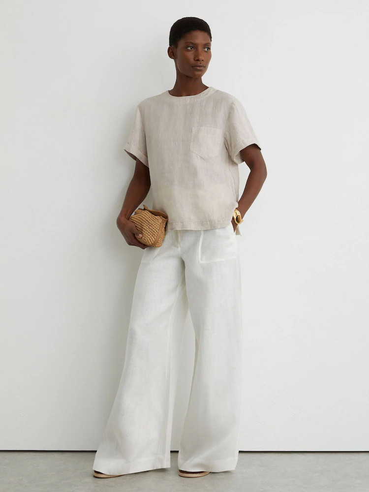 Reiss Beige Neutral Tamara Linen Patch-Pocket T-Shirt | Next EU