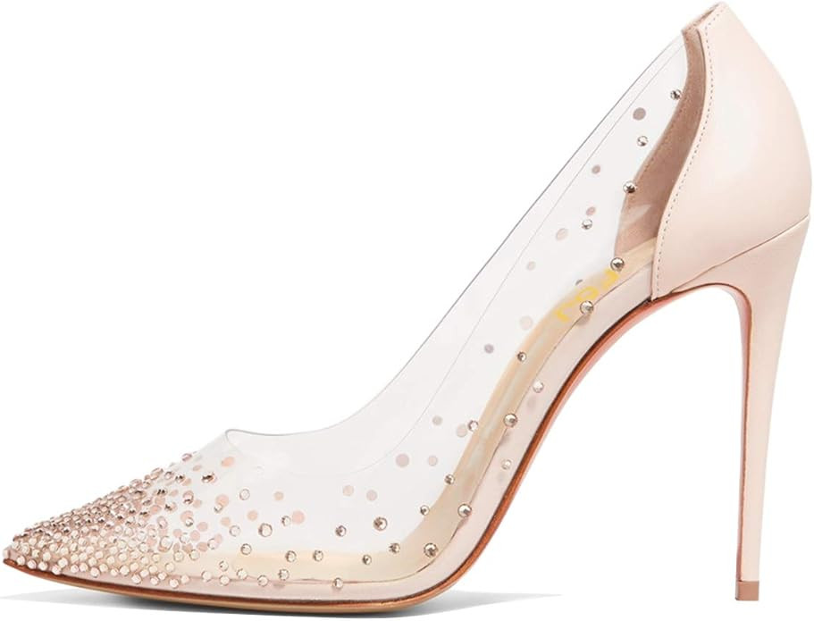 FSJ Women Studded Pointed Toe Transparent Pumps High Heels Shoes with Rhinestones Size | Amazon (US)